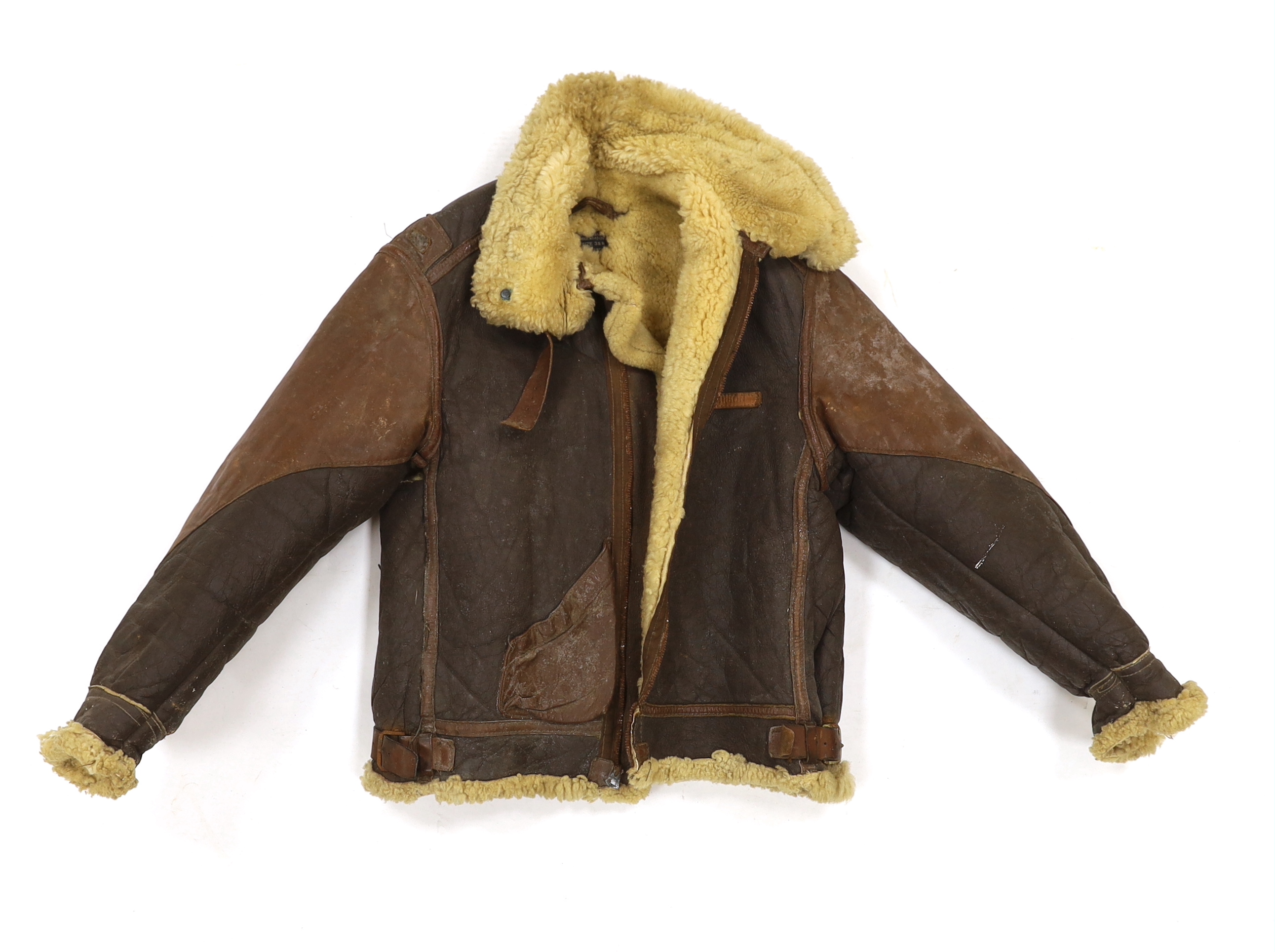 A United States Air Force Type B-3 sheepskin flying jacket, with label to collar reading; ‘Type B-3 DWG. No.33H5595 AC Order No.43-13609-AF Size 38R Property Air Force U.S. Army’